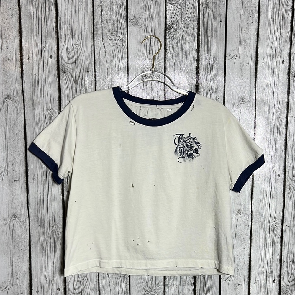The Kooples White/Blue cropped distressed Short Sleeve Tee